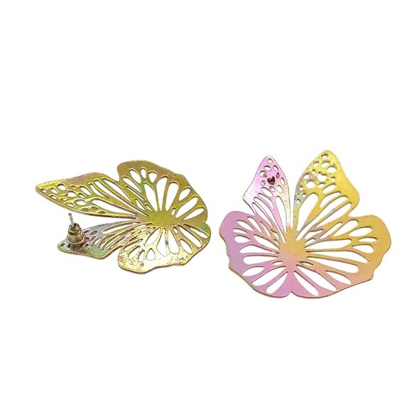 Vintage Butterfly Shaped Iridescent Metal Earrings Dramatic Dimensional Studs - Picture 5 of 5